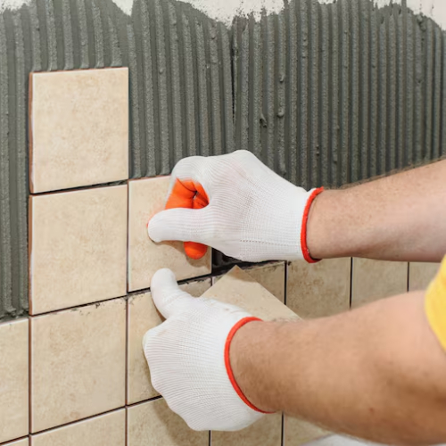 Close-up of freshly laid bathroom floor tiles